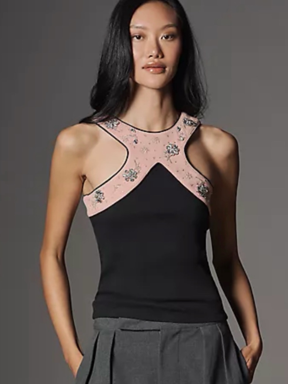 Anthropology Maeve Black Tank with Embellished Blush Pink Yoke
